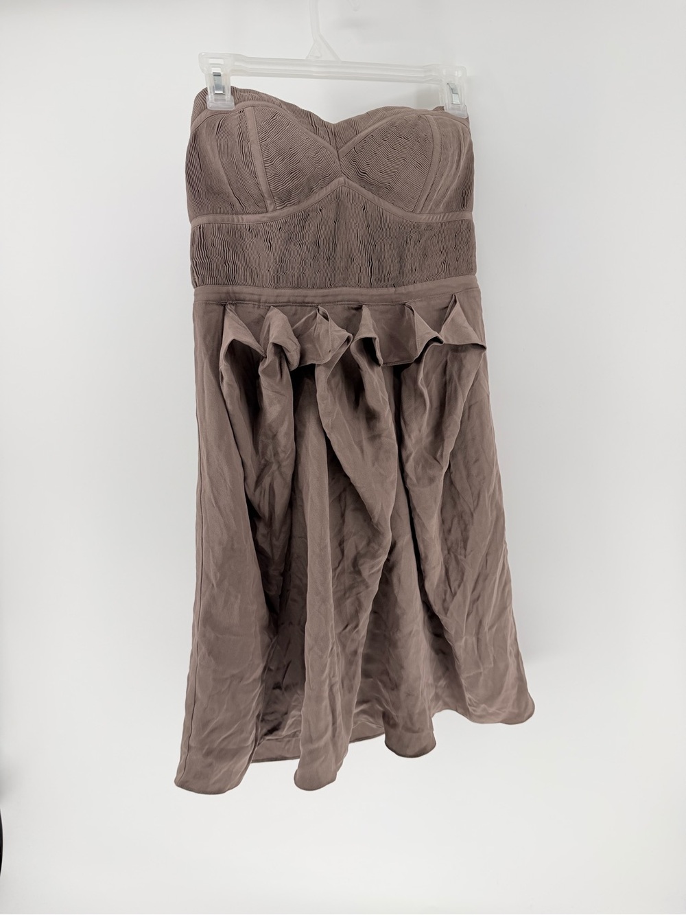 Quillaree by Anthropologie Strapless Ruffle Sweetheart Mini Dress Taupe Sz 8